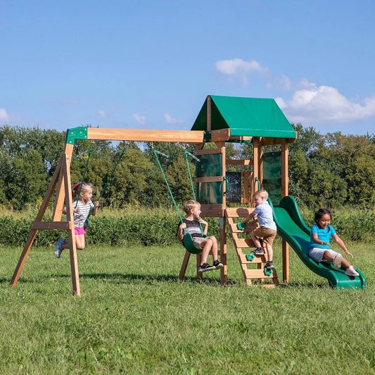 Buckley Hill Wood Swing Set with Wave Slide, Play Deck, Rock Wall Ladder, Belt Swings, Chalkboard, Cano
