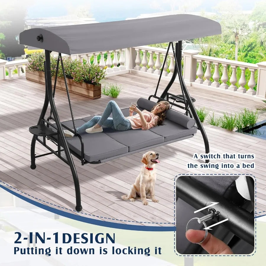 3 Person Outdoor Porch Swing with Canopy and Stand for Garden Yard Convertible 2 in 1 Patio Bed Swing with Cup Holder Grey Swin