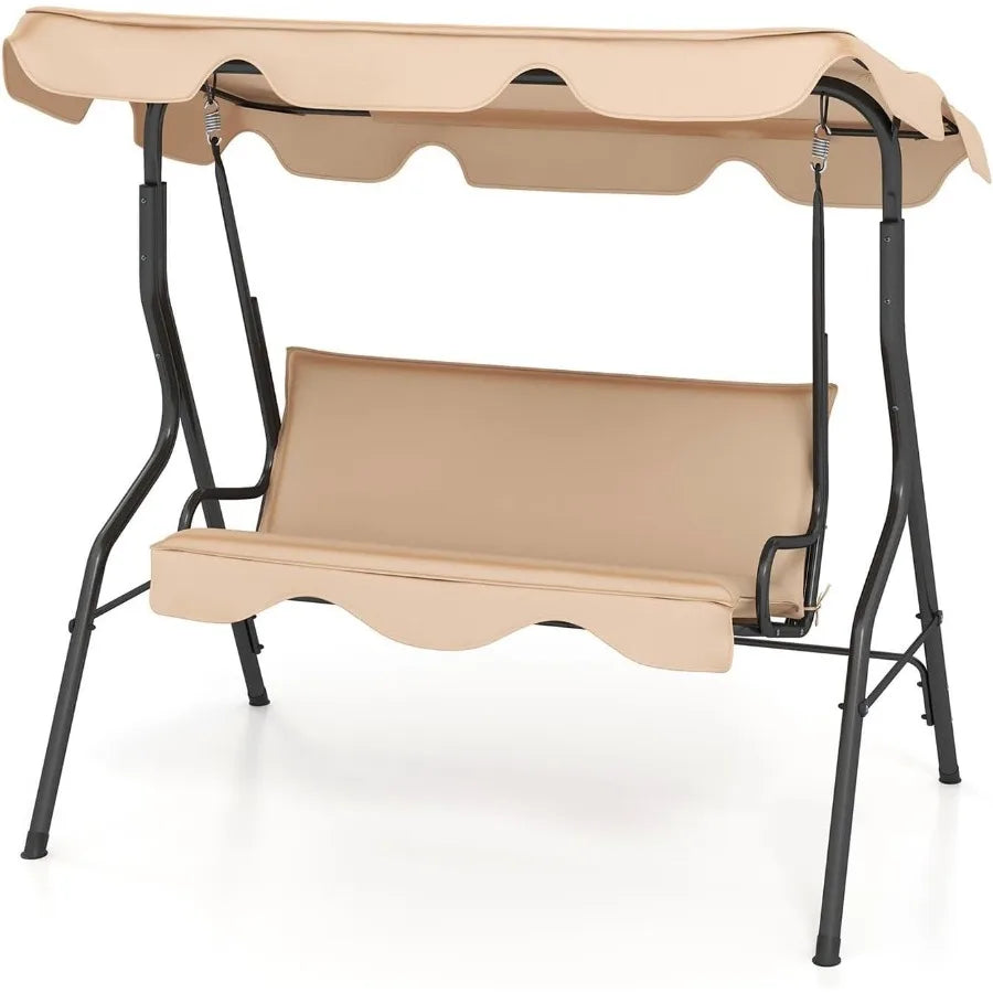 Porch Swing Outdoor 3 Person Patio Swing w/Removable Cushion Stand Adjustable Canopy Heavy Duty Swing Chair for Patio Garden Co