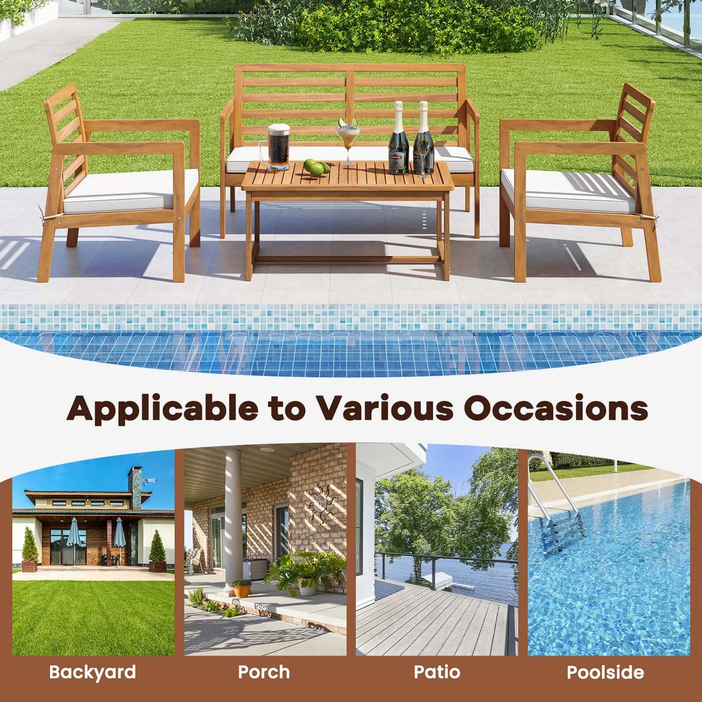 4 PCS Wood Patio Furniture Set with Soft Seat Cushions Solid Acacia Wood Frame