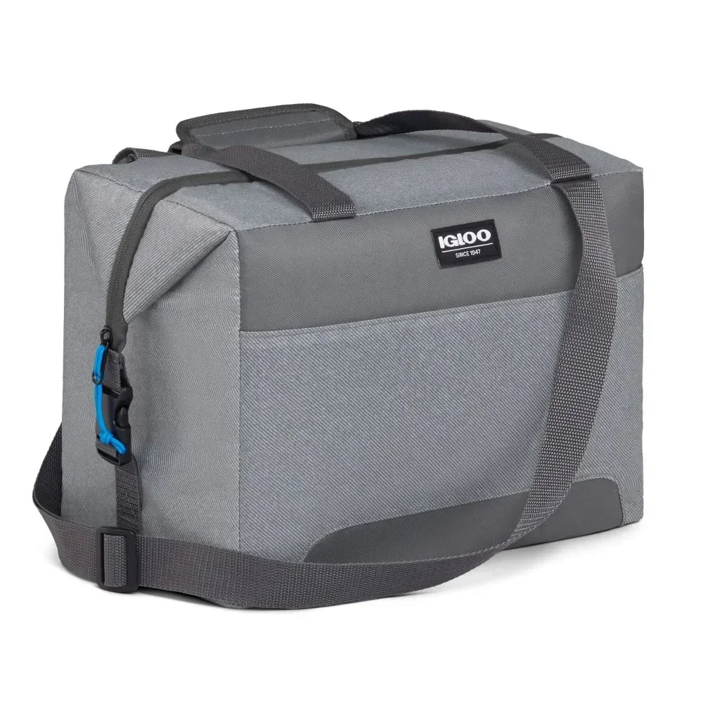 24 Can Soft Sided Cooler, Gray Twill with Ibiza Blue, Insulated Leakproof Bag for Picnics, Beach & Travel
