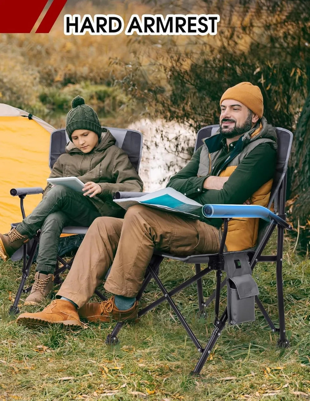 Heated Camping Chair with 3 Temperature Settings, Padded Seat & Back, Cup Holder and Storage Pockets for Outdoor Use