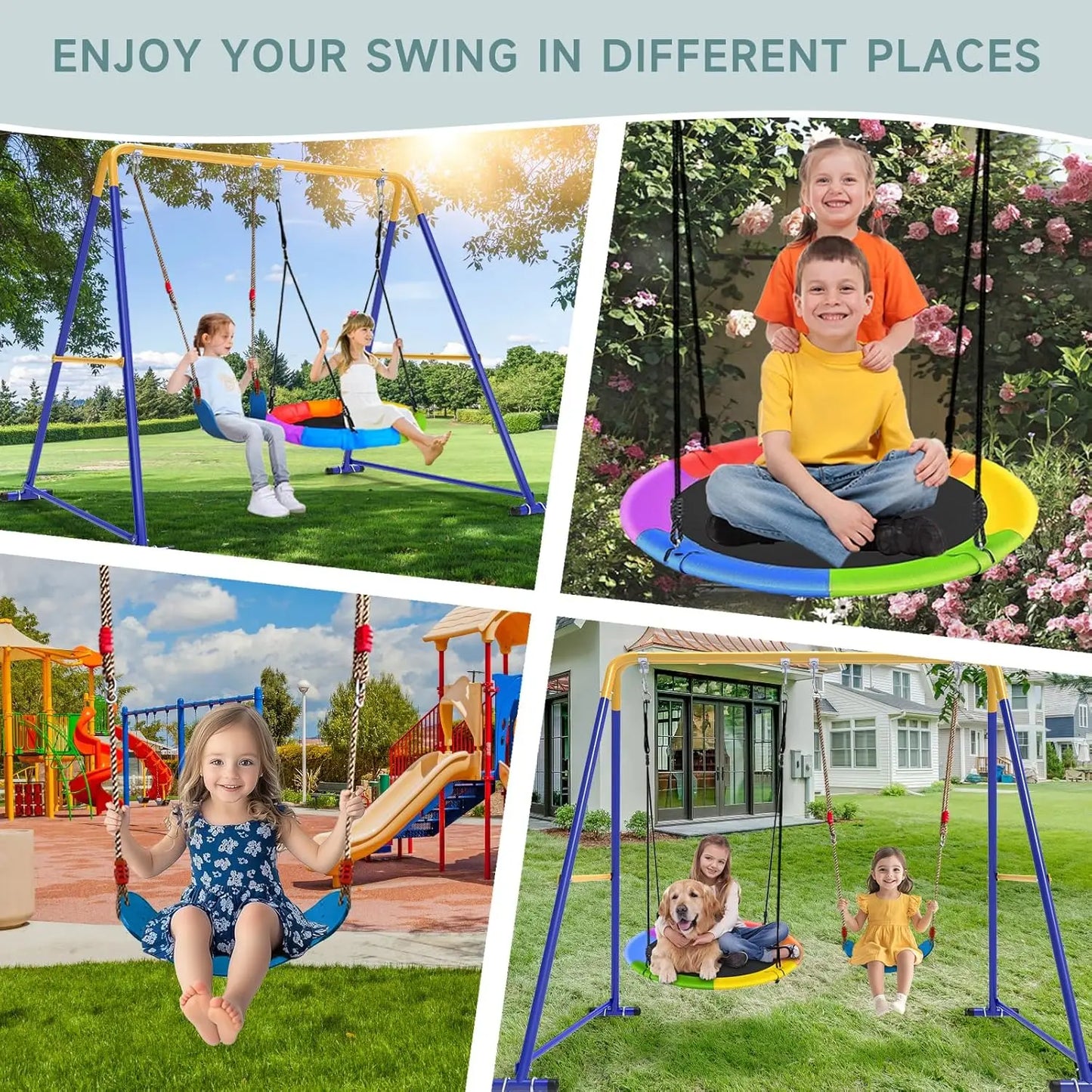Heavy-Duty A-Frame Swing Set with Saucer and Belt Seats, 440lbs Capacity for Kids and Adults in Backyard