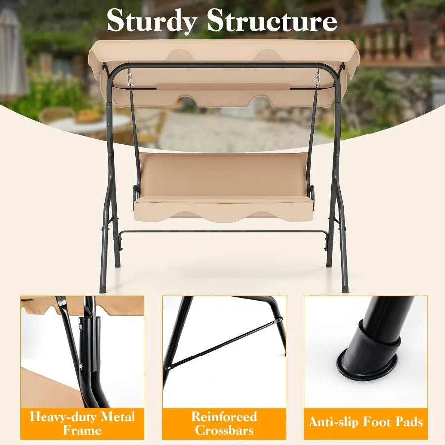 Porch Swing Outdoor 3 Person Patio Swing w/Removable Cushion Stand Adjustable Canopy Heavy Duty Swing Chair for Patio Garden Co