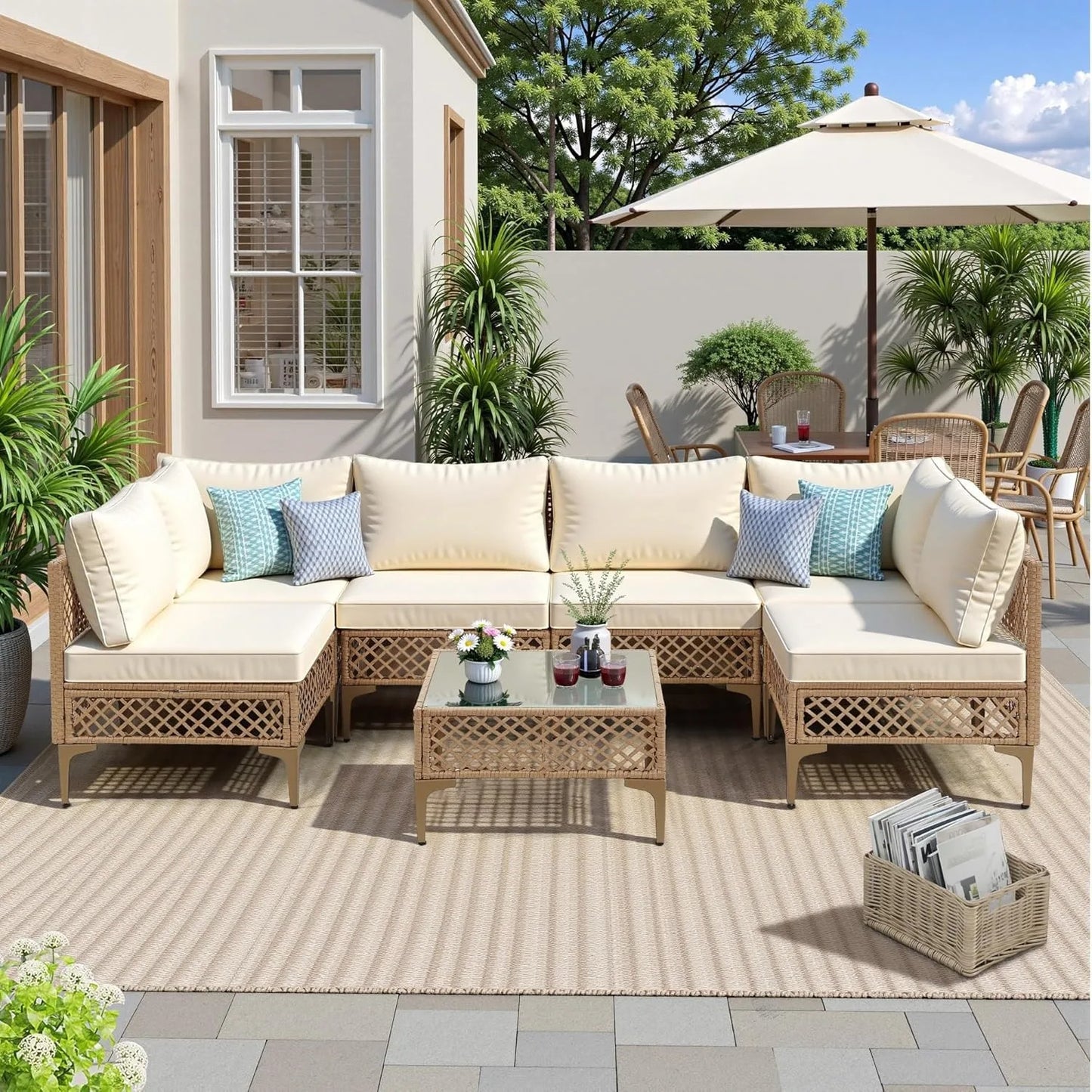 7 Piece Outdoor Wicker Patio Furniture Set, Rattan Sectional Sofa Couch, Patio Conversation Set with Cushion & Coffee Table, for