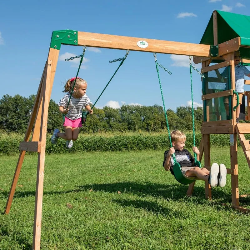 Buckley Hill Wood Swing Set with Wave Slide, Play Deck, Rock Wall Ladder, Belt Swings, Chalkboard, Cano