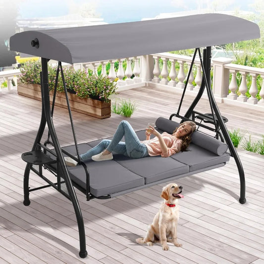 3 Person Outdoor Porch Swing with Canopy and Stand for Garden Yard Convertible 2 in 1 Patio Bed Swing with Cup Holder Grey Swin