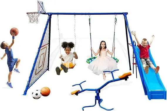 6 Station Sports Metal Swing Set for Backyard with Slide Seesaw, Saucer Swing, Basketball Hoop, and Soccer Rebounder (8413)