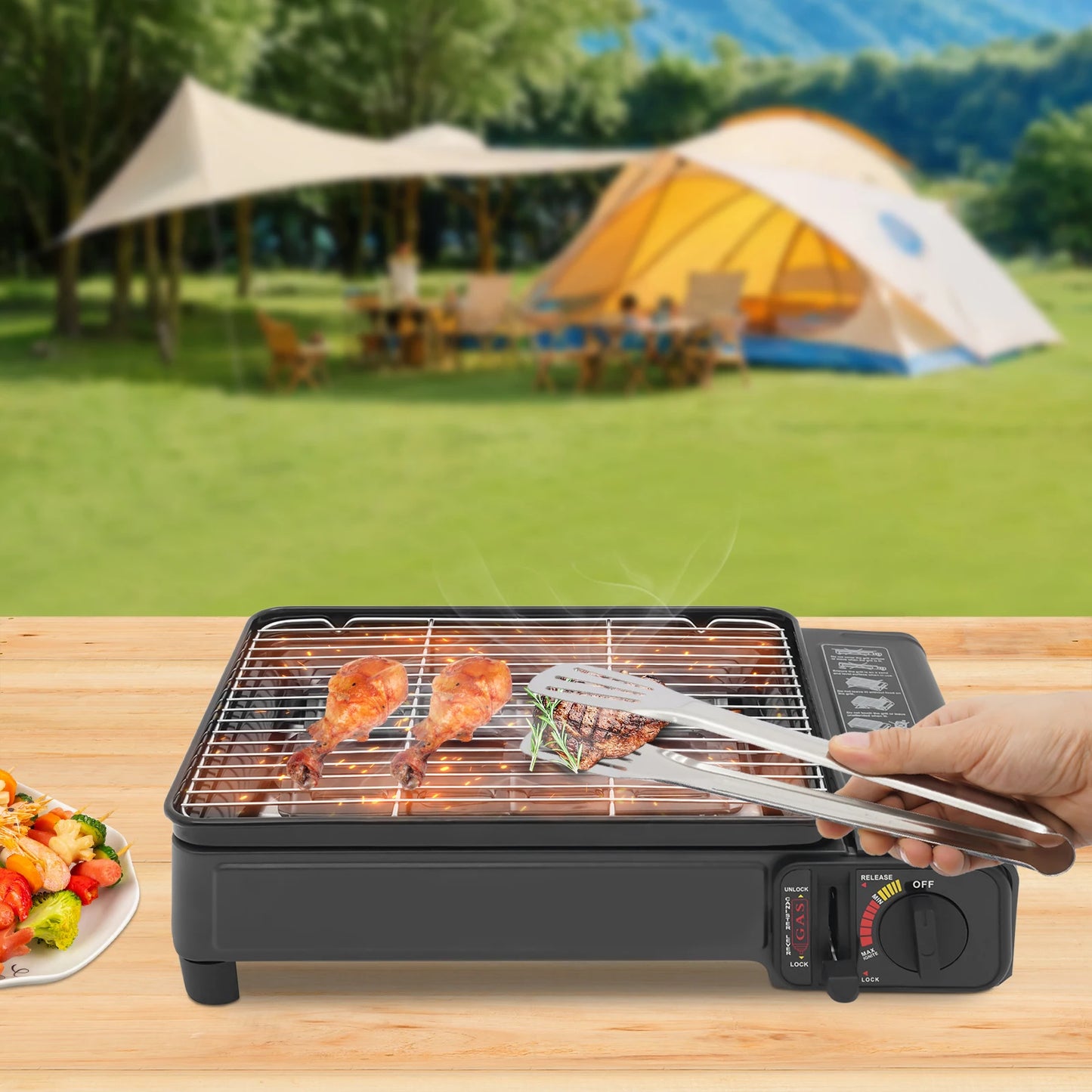 Powerful 2.2KW Portable Gas BBQ Grill Stove for Outdoor Camping Picnic Windproof Lightweight with Carry Case & Accessories
