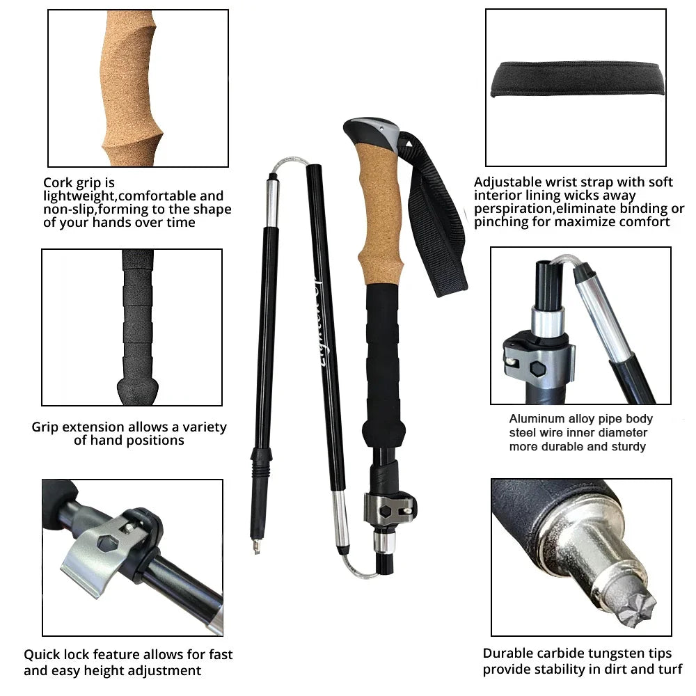 2 PCS 5-Section Outdoor Fold Trekking Pole Cane Camping Portable Walking Hiking Stick For Nordic 등산스틱 Climbing Stick Into Bag