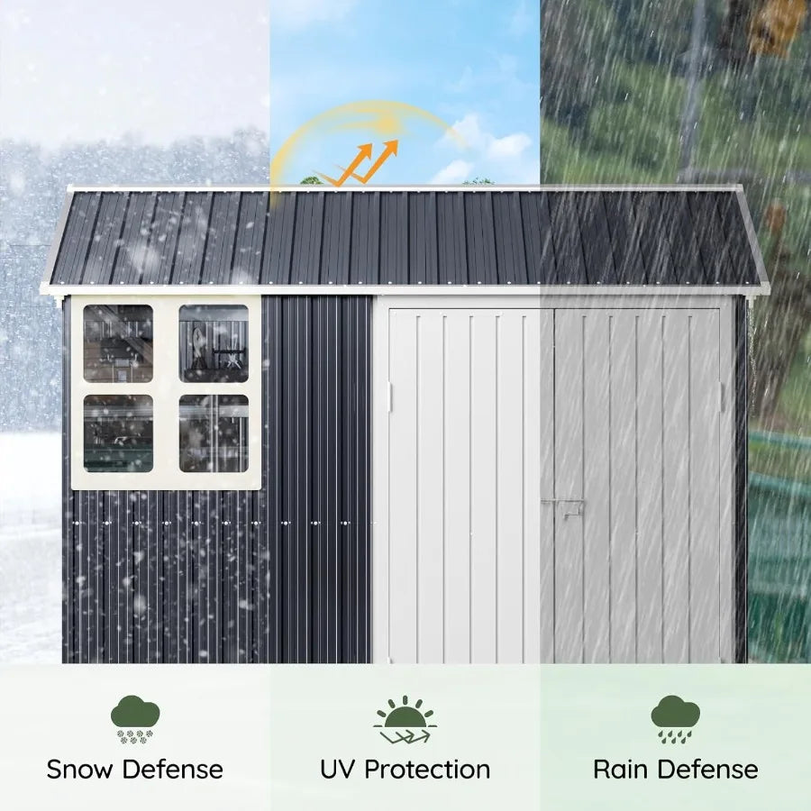 8x6 FT Outdoor Metal Storage Shed with Clear Window Lockable Single Door Weather-Resistant Garden Tool Shed for Backyard Patio