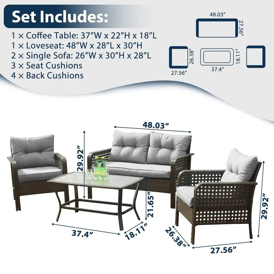 Patio Furniture Set Outdoor Furniture 4 Pieces Wicker Patio Conversation Sets with Loveseat, Rattan Seating Outside Patio Set Co