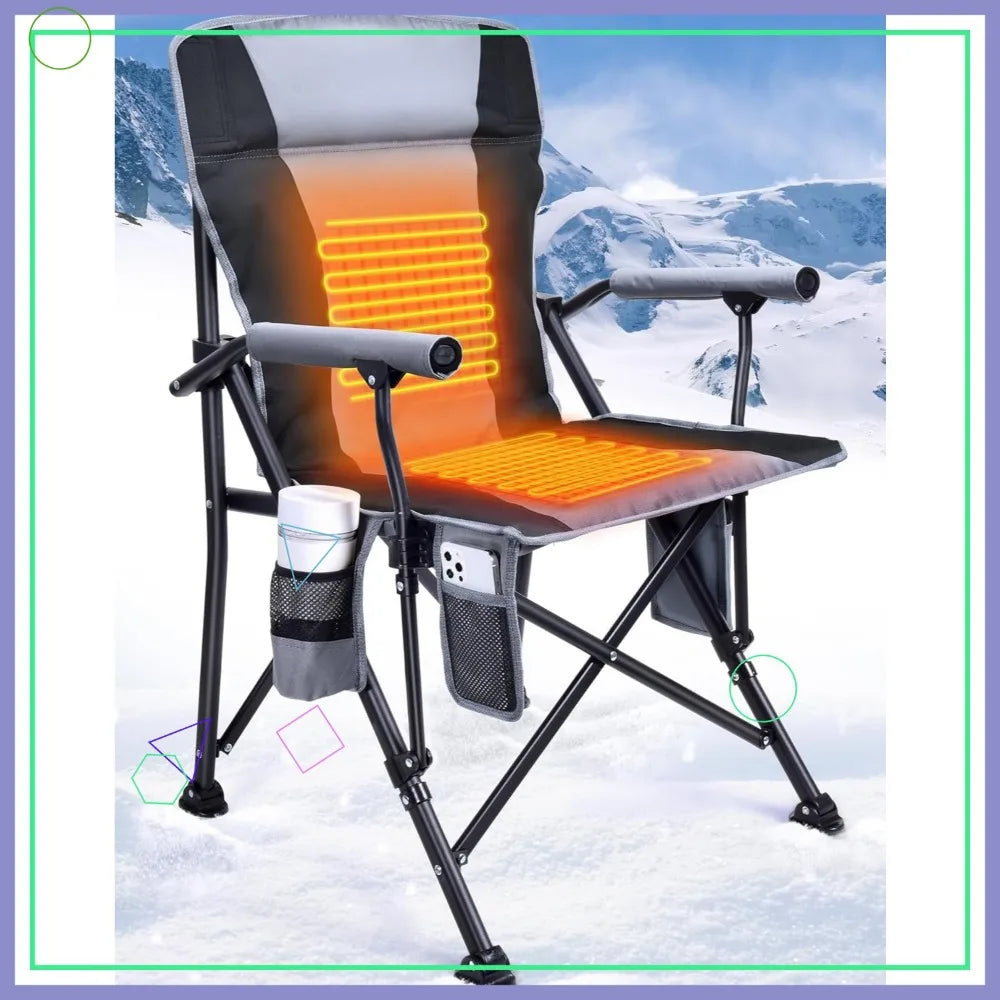 Heated Camping Chair with 3 Temperature Settings, Padded Seat & Back, Cup Holder and Storage Pockets for Outdoor Use