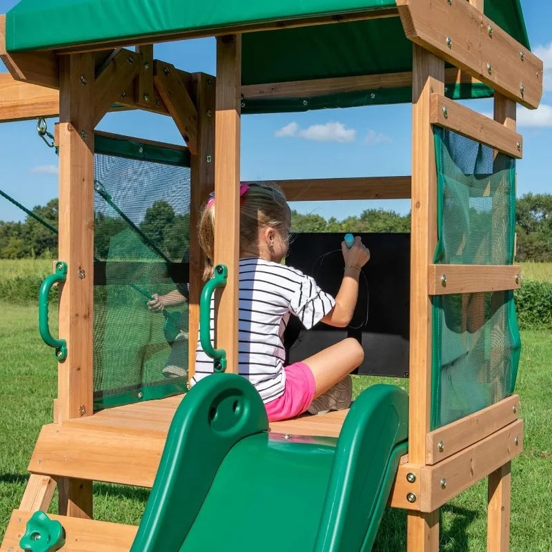 Buckley Hill Wood Swing Set with Wave Slide, Play Deck, Rock Wall Ladder, Belt Swings, Chalkboard, Cano