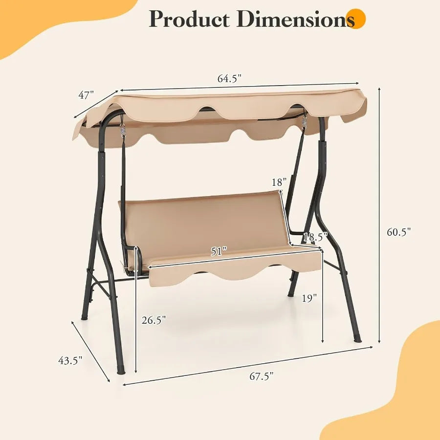 Porch Swing Outdoor 3 Person Patio Swing w/Removable Cushion Stand Adjustable Canopy Heavy Duty Swing Chair for Patio Garden Co
